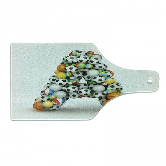 Letter a Cutting Board, Sports Balls Stacked to Build the First Letter of the Alphabet Capital, Decorative Tempered Glass Cutting and Serving Board, Wine Bottle Shape, Multicolor, by Ambesonne