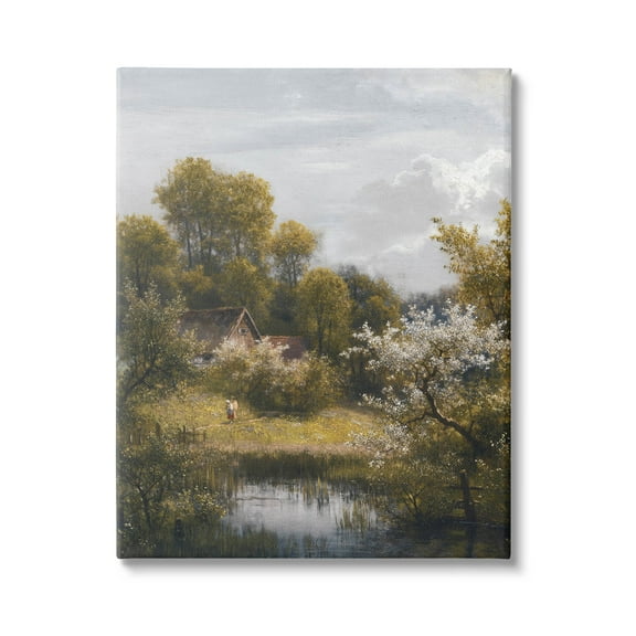Classic Cottage Backyard Pond Landscape Painting Gallery Wrapped Canvas Print Wall Art