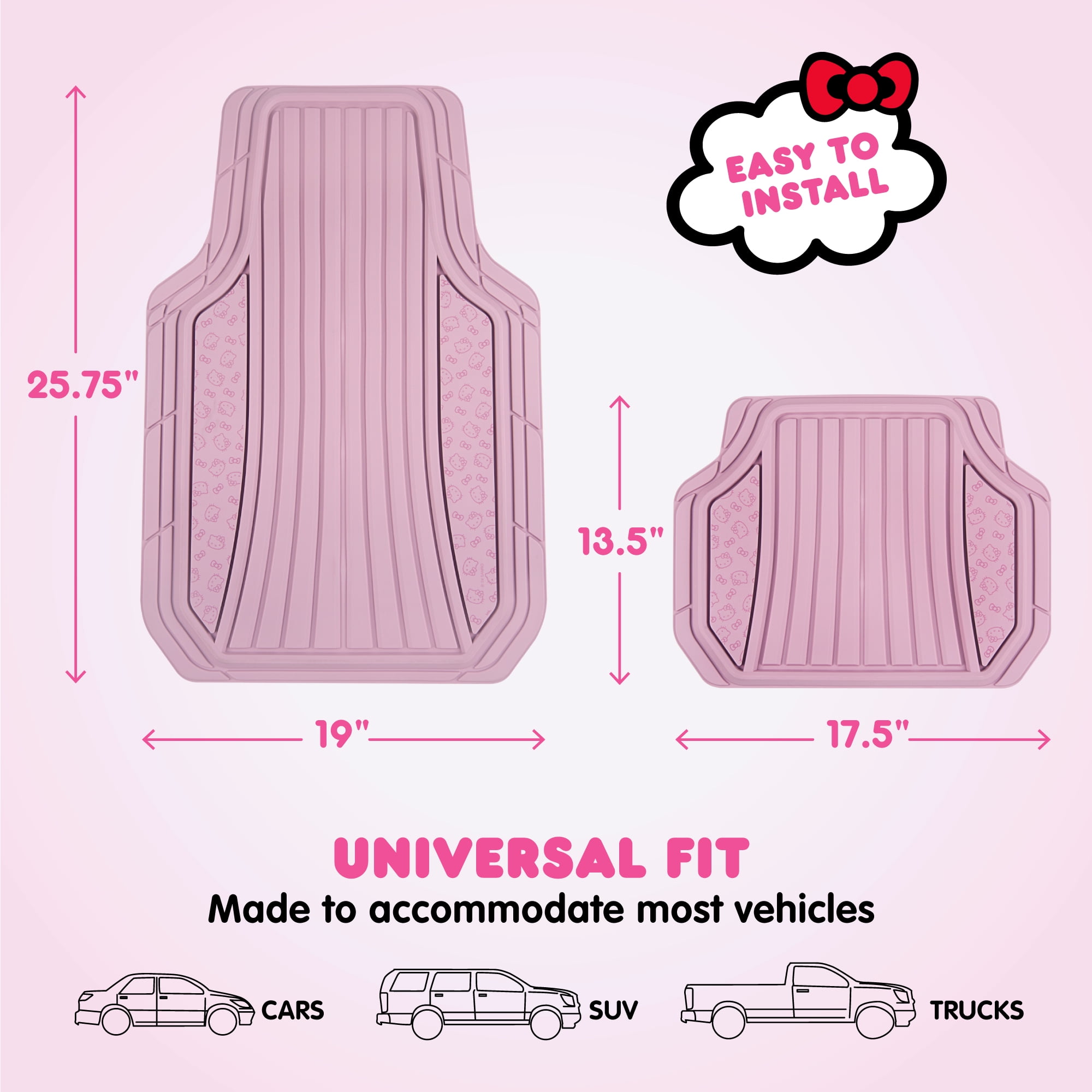 Hello Kitty 4pc Car Mats for Cars, Trucks, SUVs - Pink Rubber Floor Mats for Women & Men, Heavy Duty Non-Slip Front & Rear Mats, Cute Hello Kitty Car Accessories, Pink/Pink