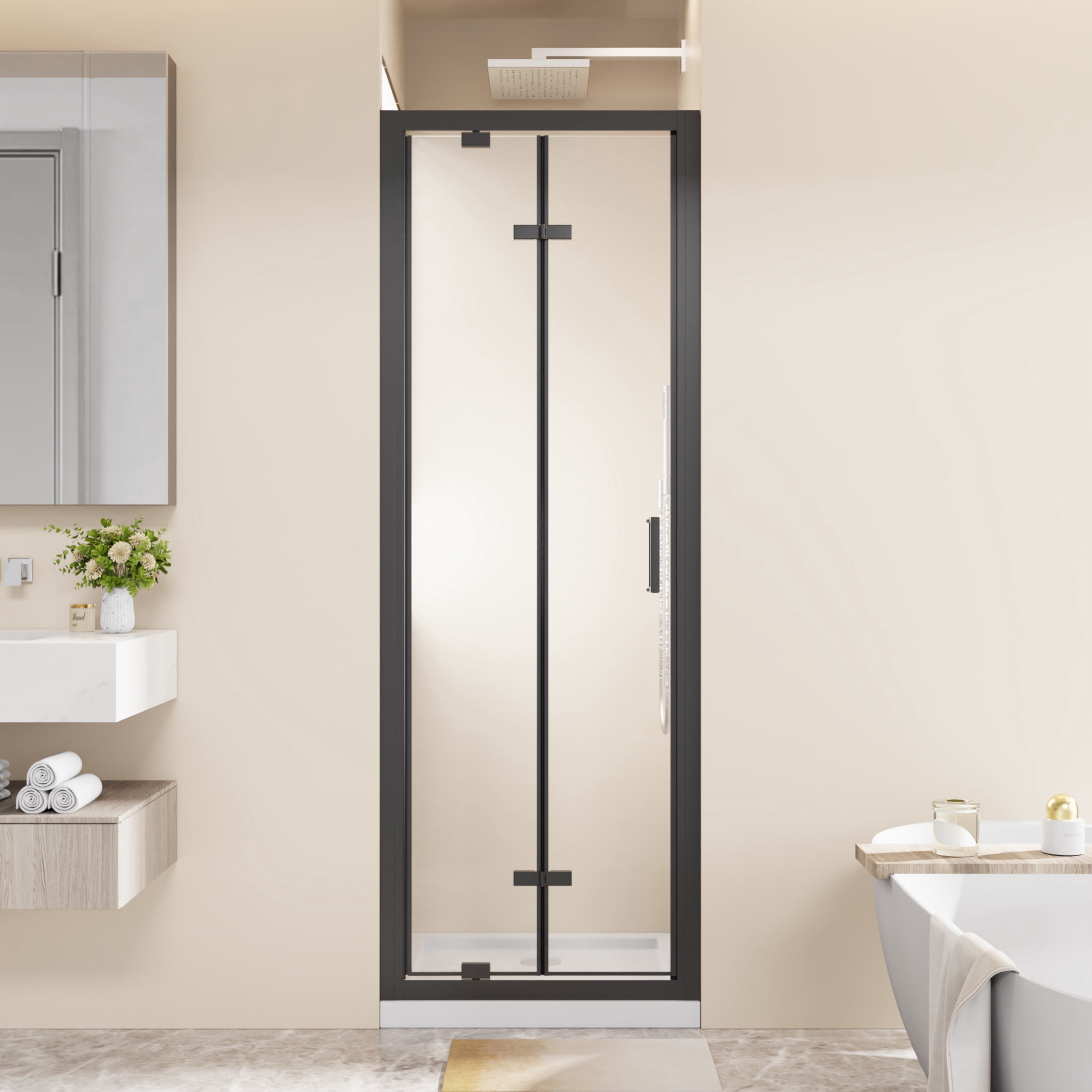 Noble House 26" x 72" Framed Bi-fold Pivot Shower Door, Clear Tempered Glass Space-Saving Folding Door, Matt Black