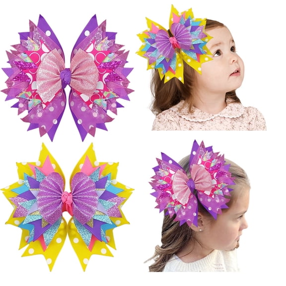 JoyBowie 2pcs 7in Layered Glitter Hair Bows Star-Edge Multi-Color Hair Clips