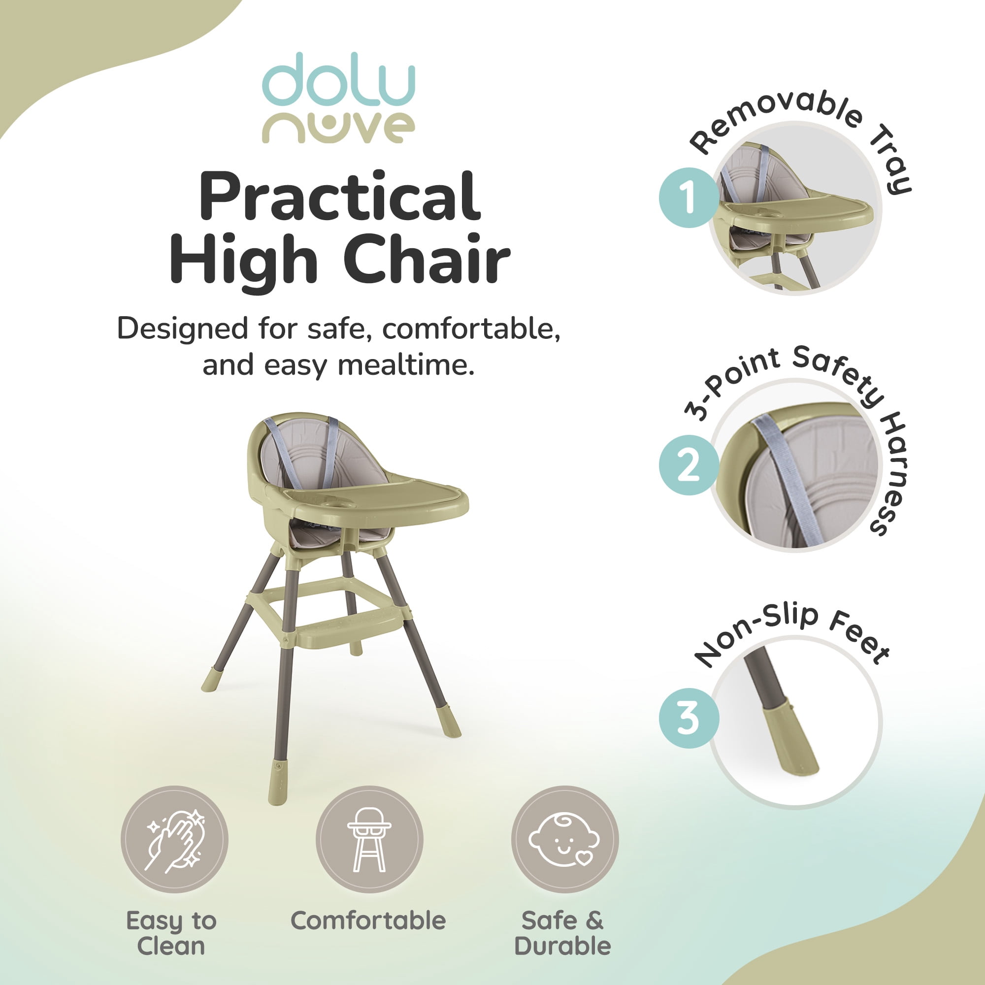Dolu Nuve Deluxe High Chair for Babies 6+ Months w/ Harness & Removable Tray, Eco Green