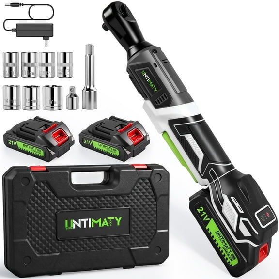 3/8" Cordless Electric Ratchet Wrenches Set, UMTIMATY 21V Power Ratchet Tool Kit with 2 x 2.0Ah Battery, 67FT-LBS 400 RPM Ratchet Wrench with 7 Sockets, Adapter, Extension Bar