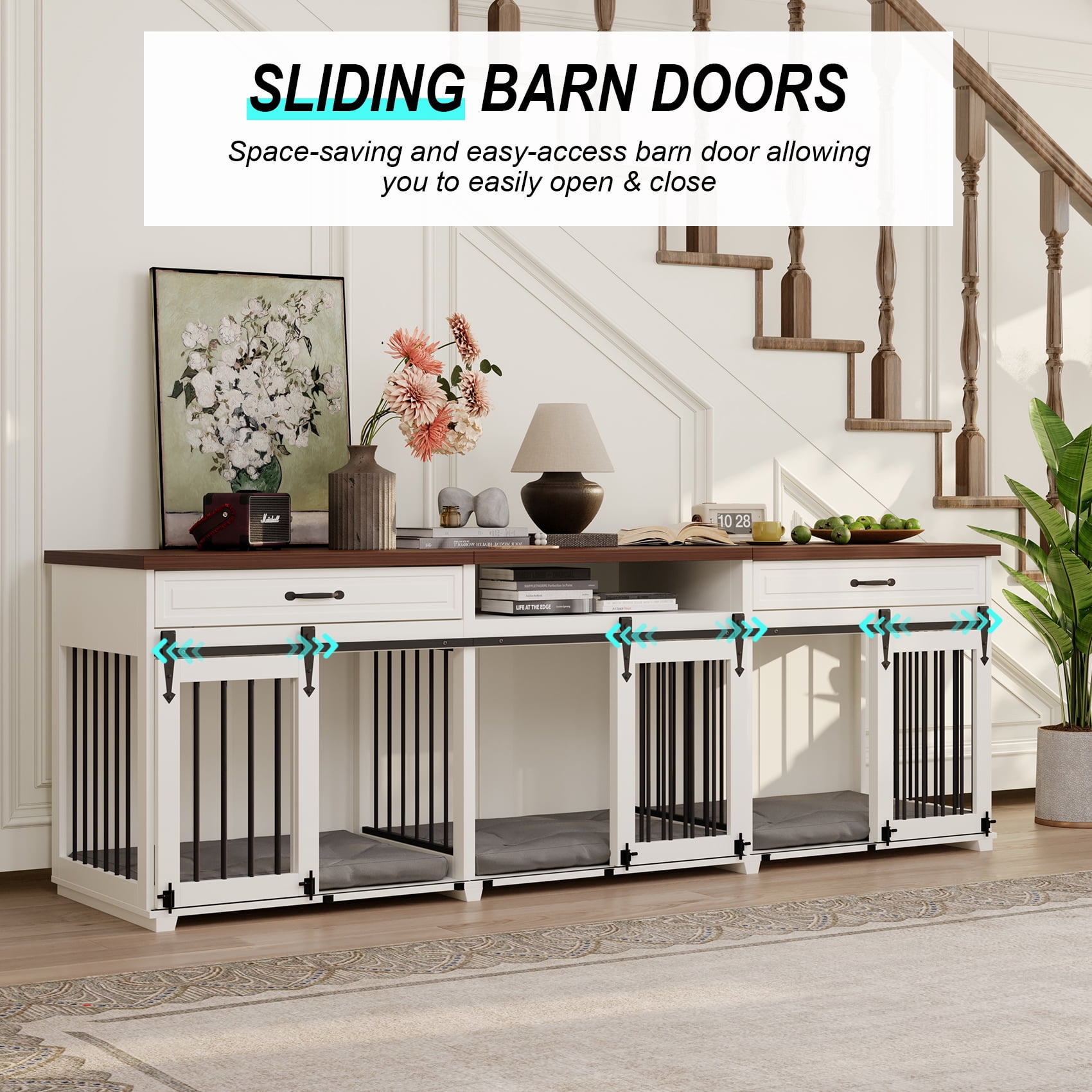Dog Crate Furniture - Indoor Wooden Farmhouse Large Dog Kennel Fureniture for 3 Dogs, with Sliding Barn Doors, 2 Drawers & 1 Shelf, 95" Lx23.6 Wx31.5 H, White