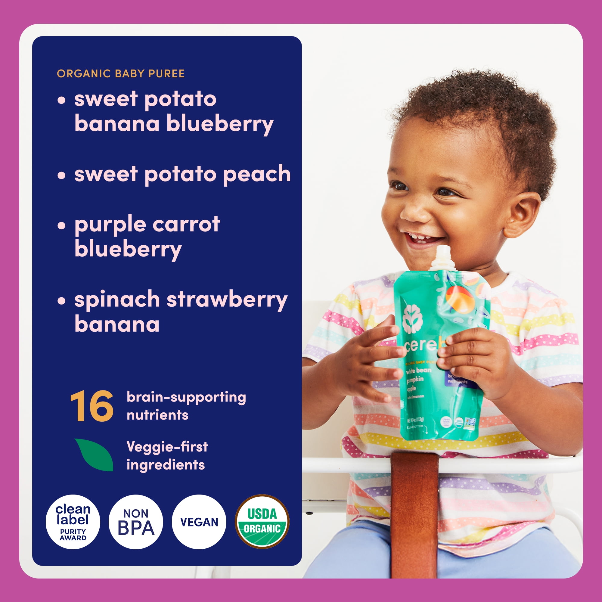 Cerebelly Organic Baby Food Pouches, Smoothie Sampler Pack, 4 oz, Puree Toddler Pouches, 8 Pack