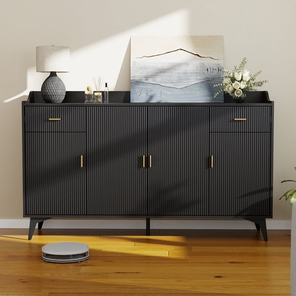 63" Wood Buffet Cabinet with Storage, 4 Door 2 Drawer Sideboard Credenza Cabinet for Dining Room, Living Room, Entryway