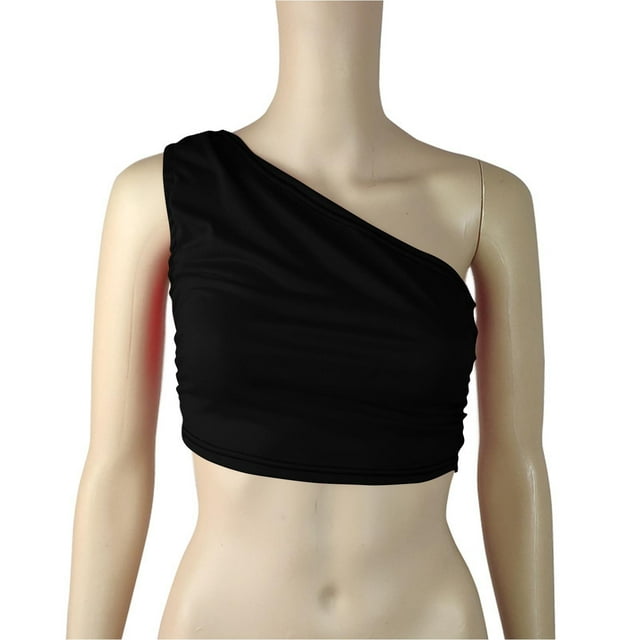 Timegard Tank Top for Women Solid Color 1 Shoulder Cropped Comfy Fitting Slim Ruched Casual Tee Top