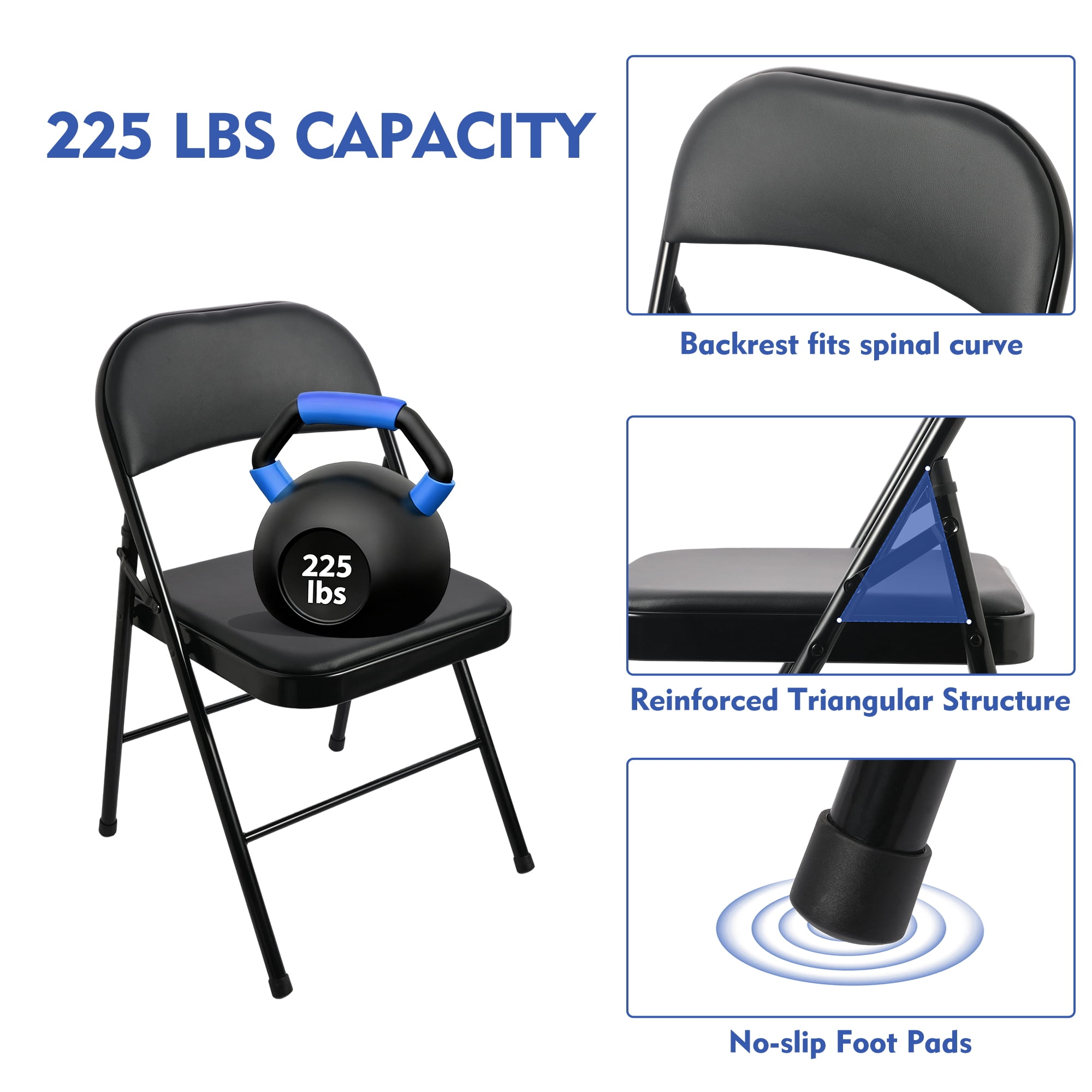 Mainstays Deluxe Vinyl Padded Seat and Back Folding Chair, Black (Set of 4)