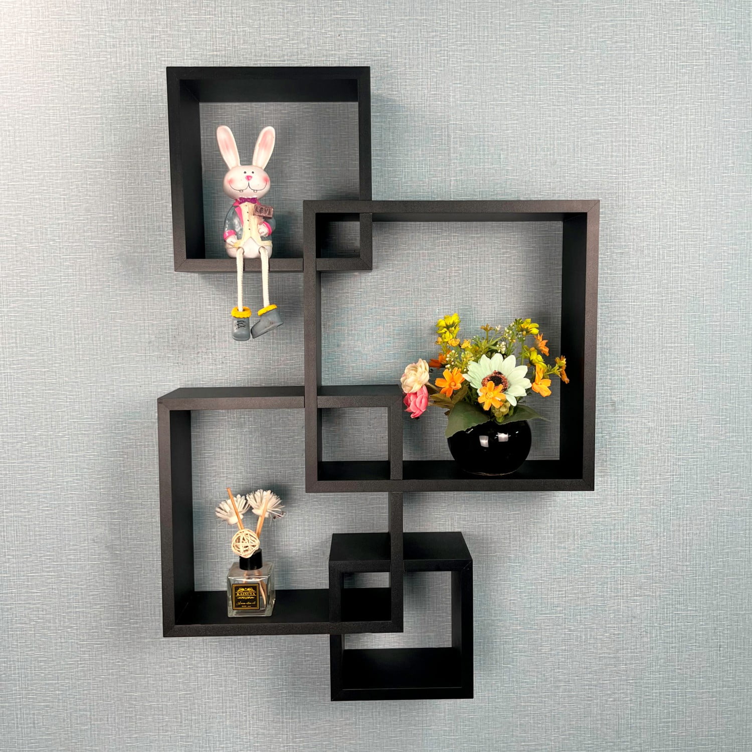 Wood Floating Shelves 4 Cube Intersecting Wall Mounted, Black Wall
