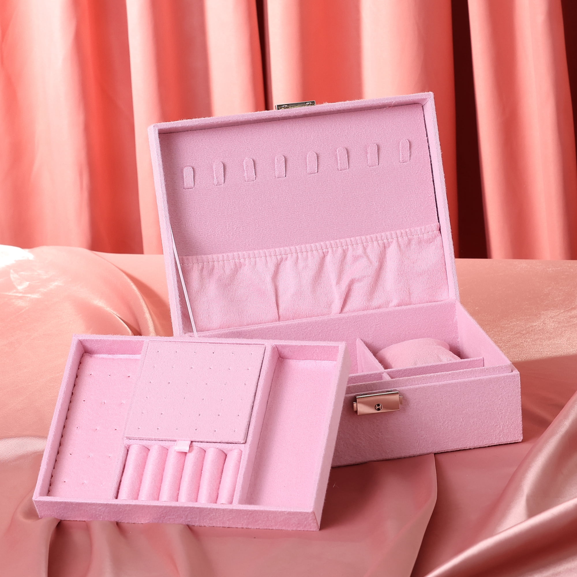 Unique Bargains Velvet Jewelry Box Organizer 2 Layer Jewelry Display Storage Holder Pink