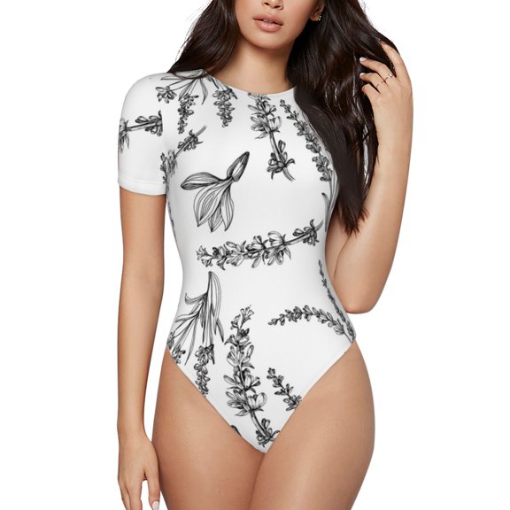 Naloa Lavender Flowers Women's Short-Sleeved Onesie, One-Piece Swimsuit for Parties, dates, clubs - Small