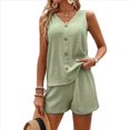 thumbnail image 2 of Conjunto Casual de 2 Piezas para Mujer, Jersey con Cuello en V y Pantalones Cortos de Cintura Alta, Chándal Transpirable de Color Sólido, Verde , Talla XL, 2 of 9