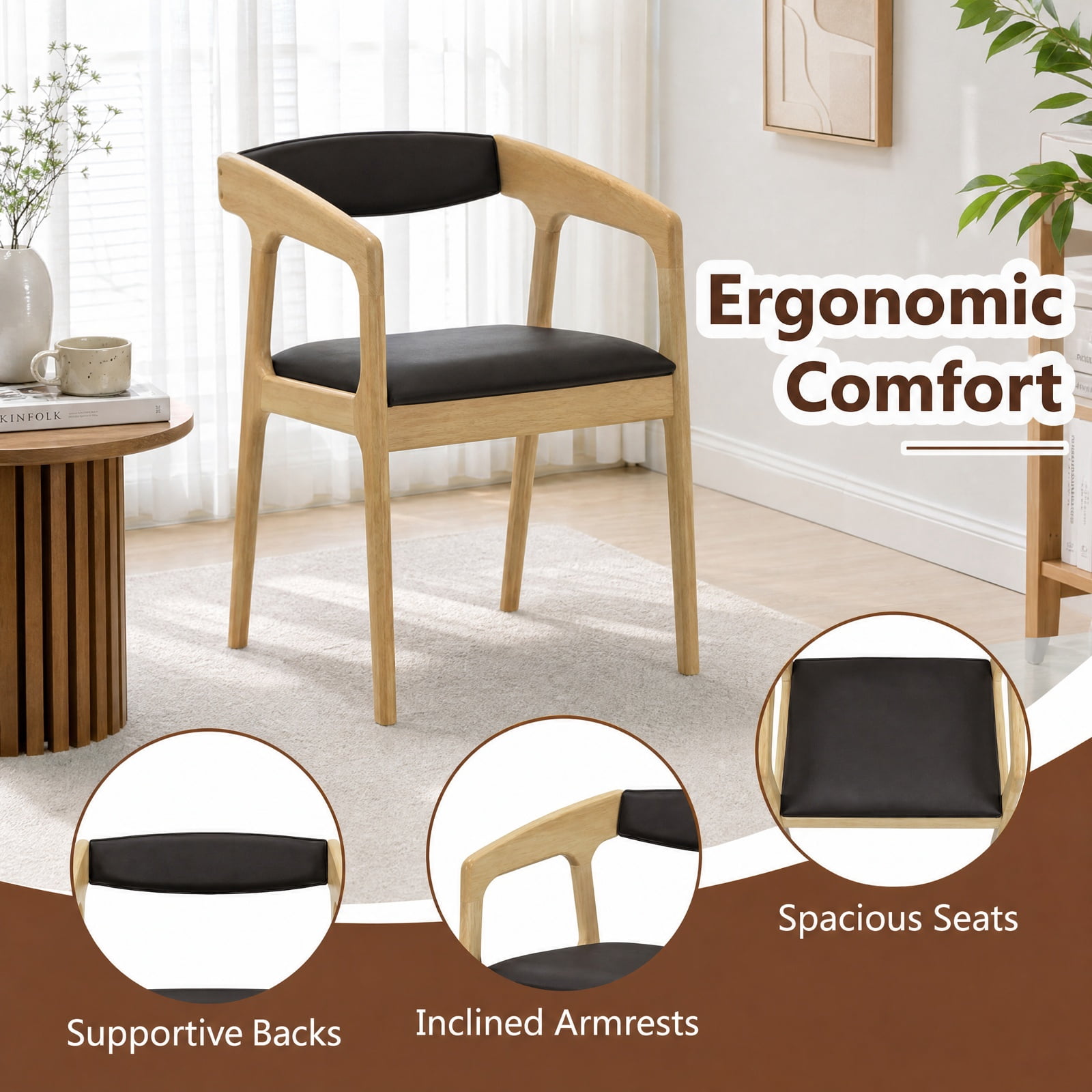 Furnibear Upholstered Armchairs Set of 2 with Cozy Backrest and Padded Seat Cushion for Kitchen Dining Room Living Room Home, Natural