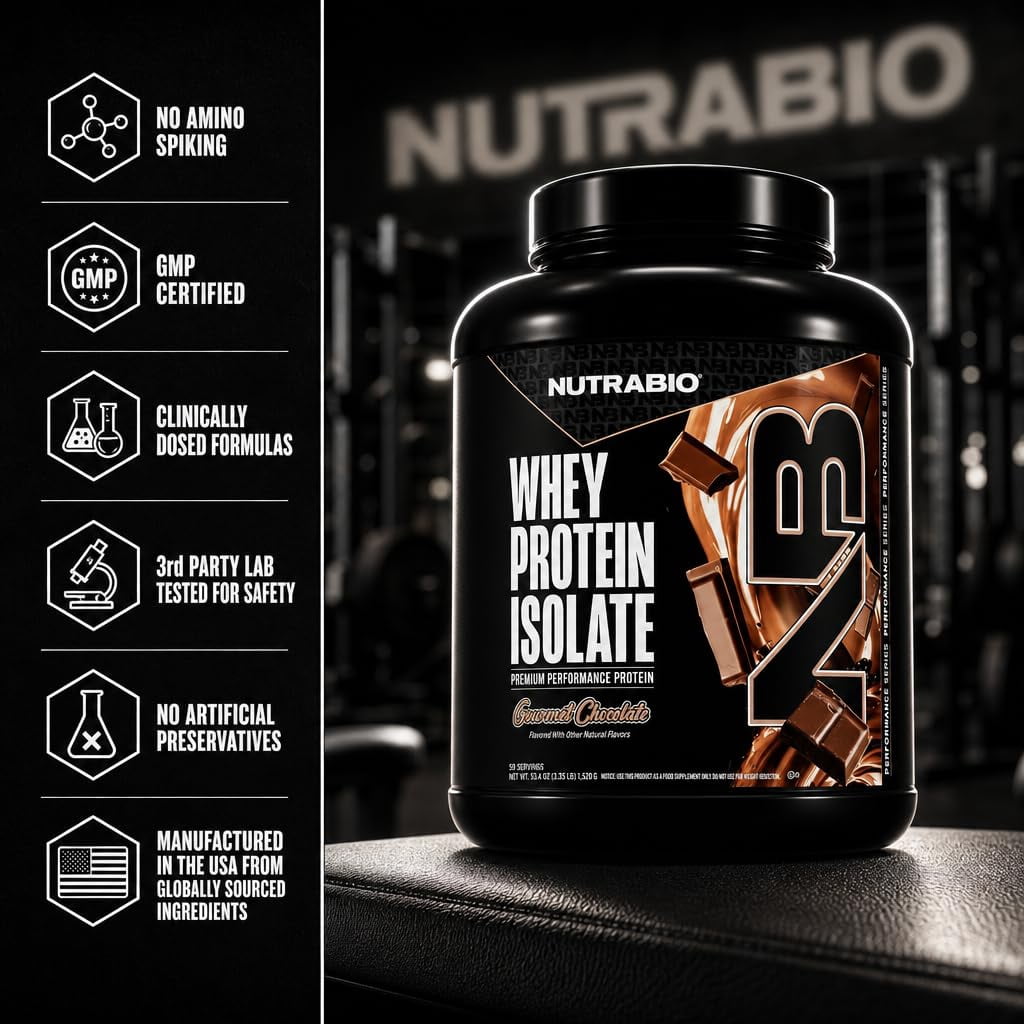 NutraBio Whey Protein Powder Isolate Supplement – 25g of Protein Per Scoop with Complete Amino Acid Profile - Soy and Gluten Free Protein Powder - 50 Servings