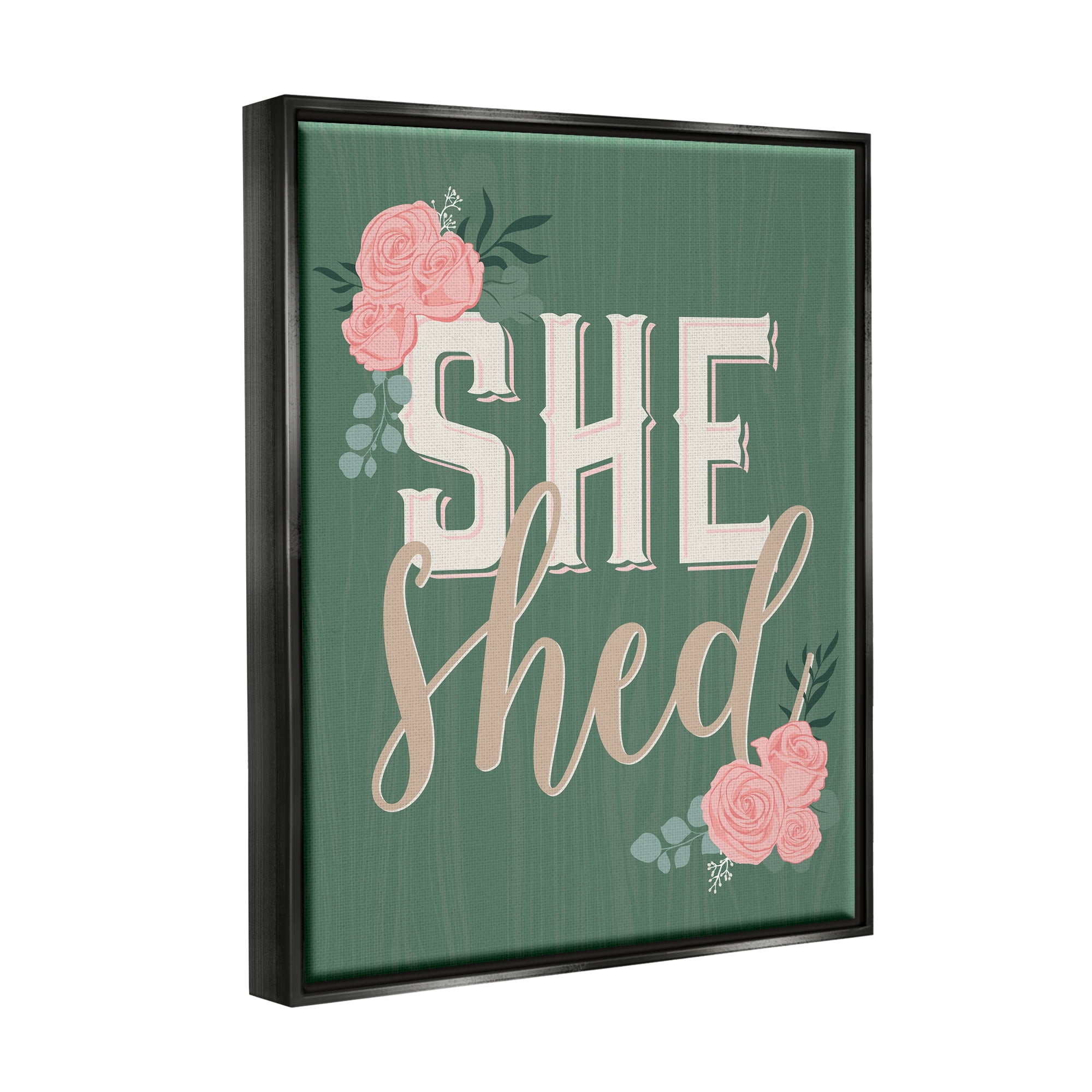Stupell Industries She Shed Floral Pink Rose Calligraphy Sign Graphic Art Jet Black Floating Framed Canvas Print Wall Art, Design by Angela Nickeas