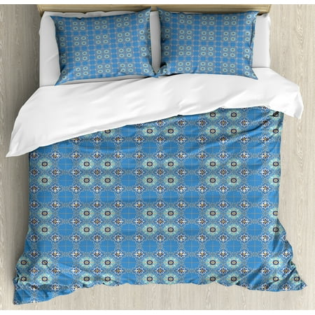 Moroccan Style Duvet Moroccan Duvet Cover Set, Ancient Culture Art Designs Patchwork Style in Blue Tones with Flowers Curls, Decorative Bedding Set with Pillow Shams, Blue Aqua Orange, by Ambesonne ()