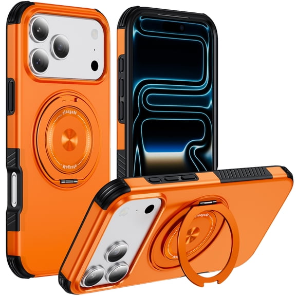 Case Compatible with iPhone 16e/17e, Luxury Magnetic Ring Holder Cover 360° Rotating Kickstand TPU PC Hybrid Slim Shockproof Protective Case, Support Magnetic Car Mount, Orange