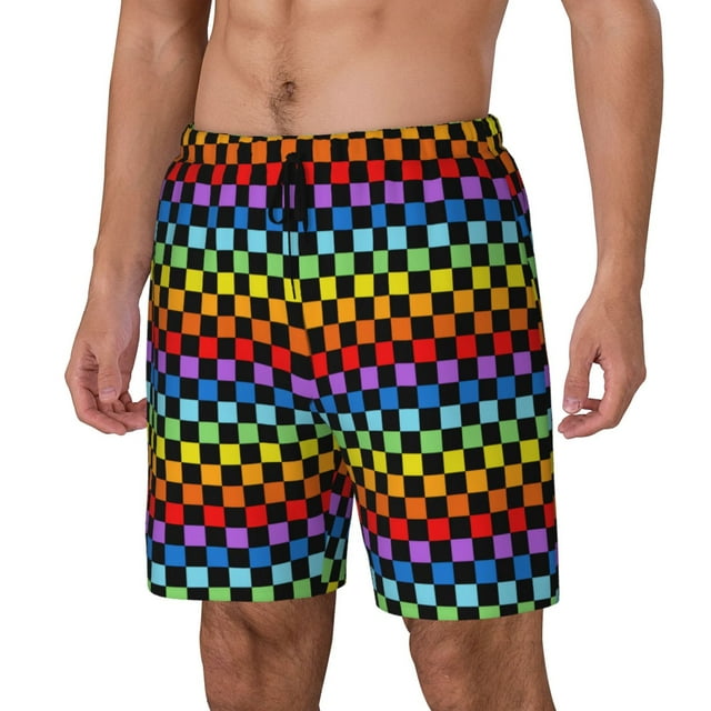Kdxio Rainbow Chequerboard Print Mens Swim Shorts with Mesh Lining, Breathable and Quick-Drying, Adjustable Waist, Privacy Pocket-X-Large