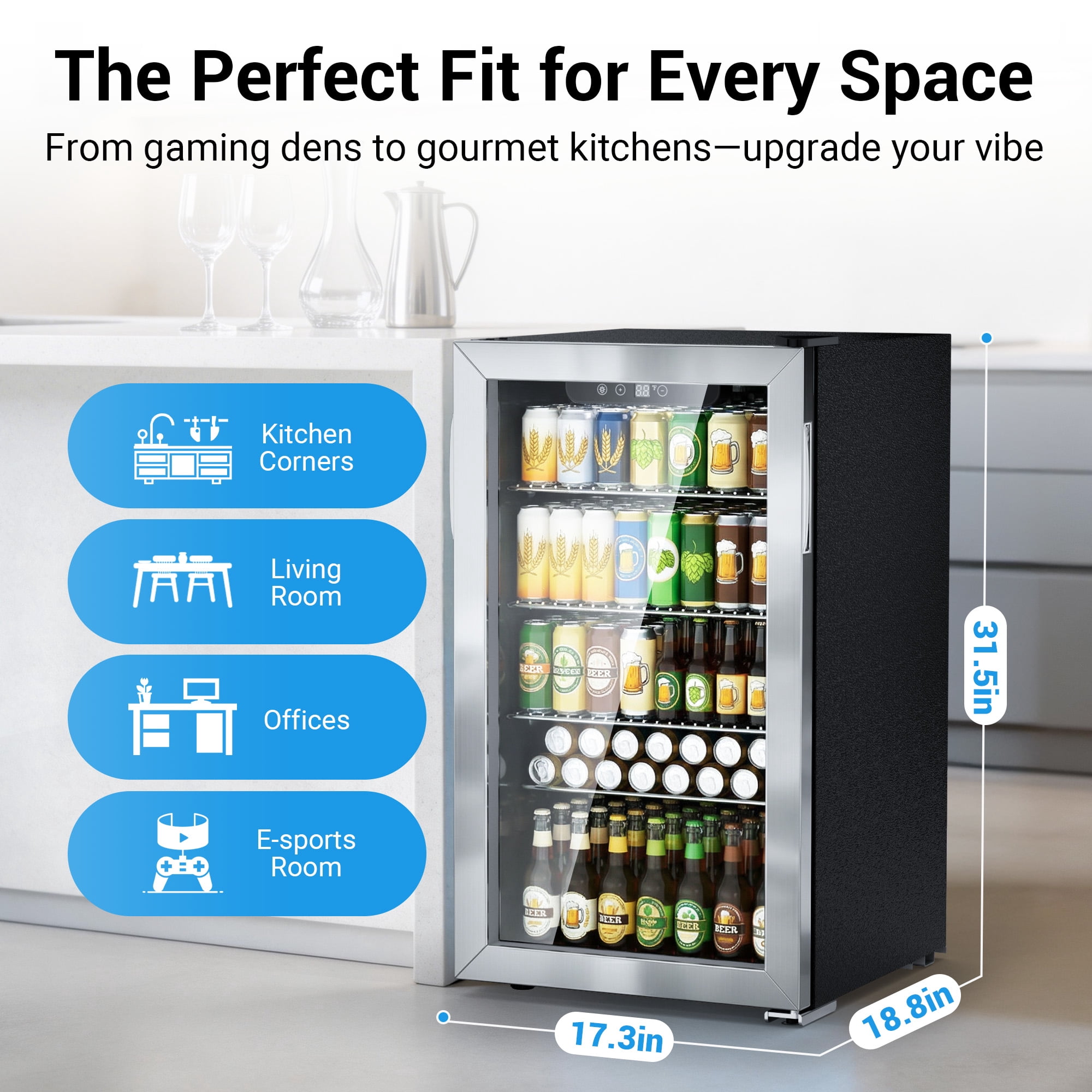 Snowyermine 130 Can Beverage Refrigerator and Cooler with Glass Door for Home, 17.3 in W, 31.5 in H, Silver