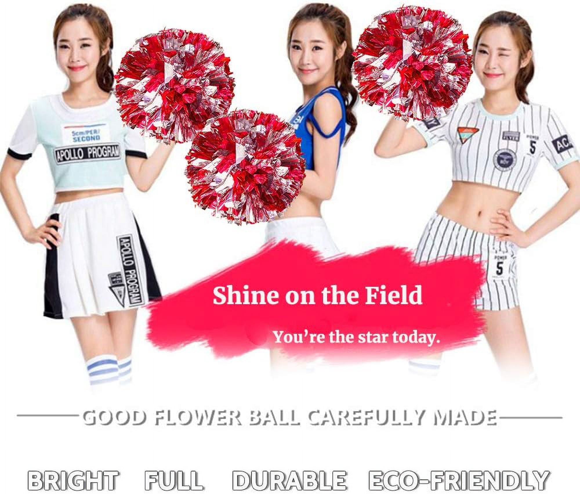 LINLIN 4 Packs Cheerleading Pom Poms with Finger-friendly Ring, Bright Metallic Cheerleader Pompoms, Premium Cheering Squad Hand Flowers for Sports Game Dance Dress Party