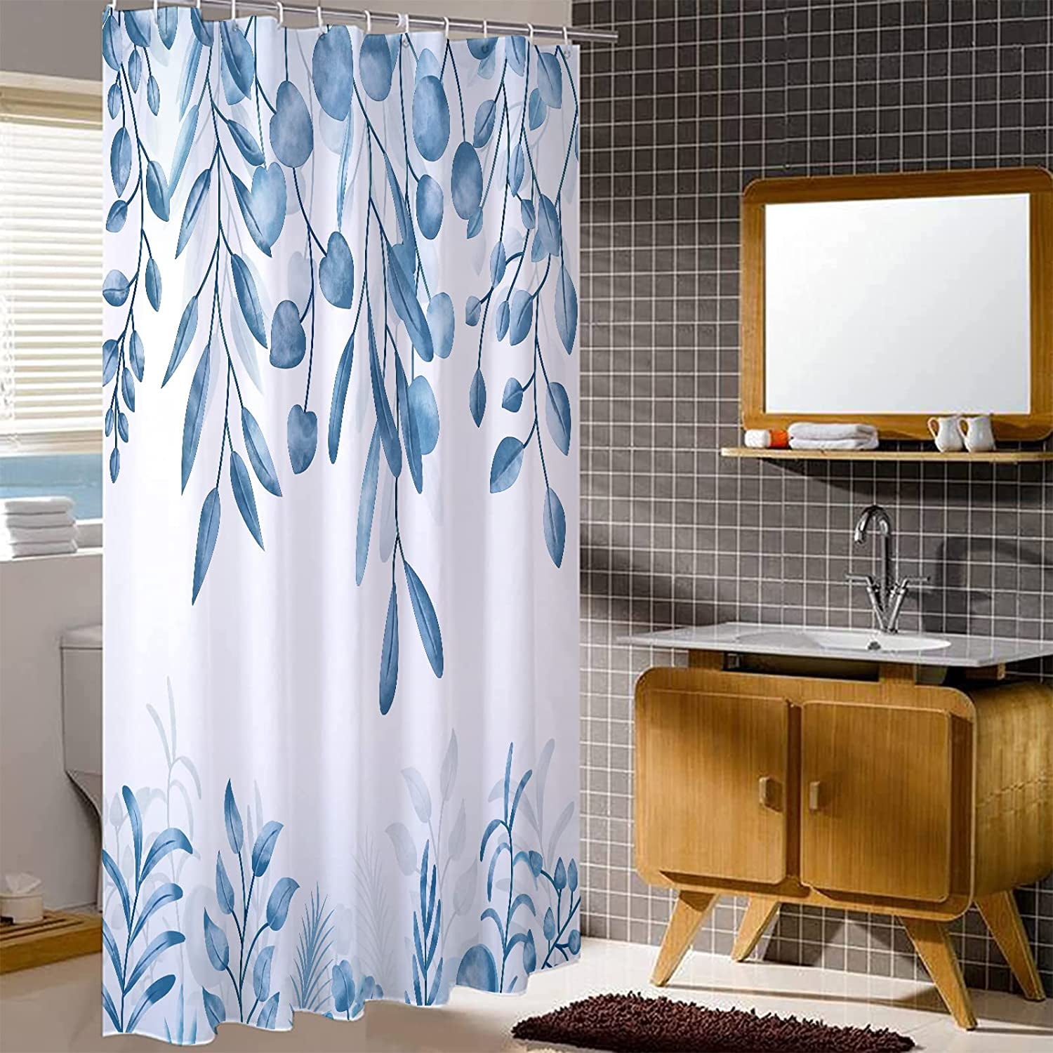 Stall RV Shower Curtain Set, 36Wx72HInch Narrow Fabric Blue White Eucalyptus Leaf Shower Curtains, Soft Waterproof Polyester Bathroom Curtains with Hooks