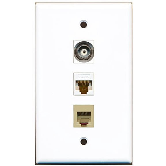 RiteAV - 1 Port Phone RJ11 RJ12 Beige and 1 Port BNC and 1 Port Cat6 Ethernet White Wall Plate