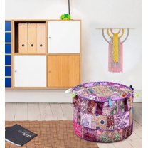 Avgari Creation Indian Pouf Footstool With Embroidery Pouf, Indian Cotton, Pouf, Ottoman Pouf Cover Ethnic Decor Art 22x14x22 Inch, Purple