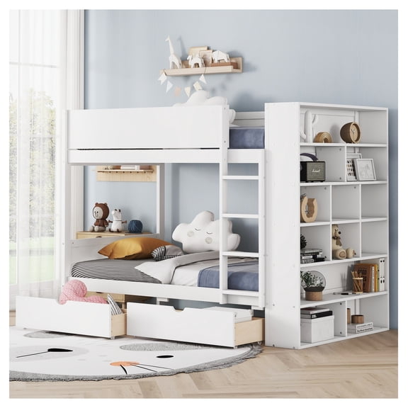 Twin-Over-Twin Bunk Bed with 2 Drawers & Multi-Layer Cabinet, White