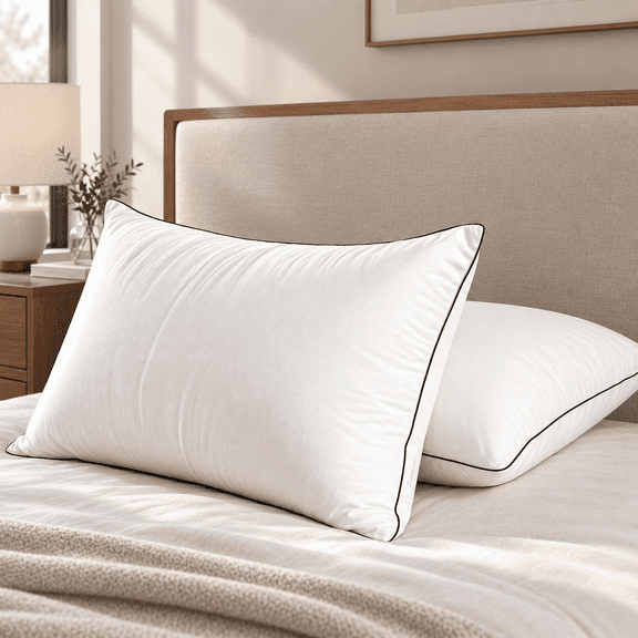 Homesea Bed Pillow, Hotel White Goose Down Pillow for Sleeping, 3-Chamber Pillow with High Thread Count 100% Cotton Shell, Medium Supportive, Queen Size