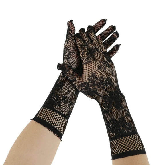 Unique Bargains 1 Pair Sunblock Mittens Lace Fishing Net Long Sun Block Driving Gloves for Women Black