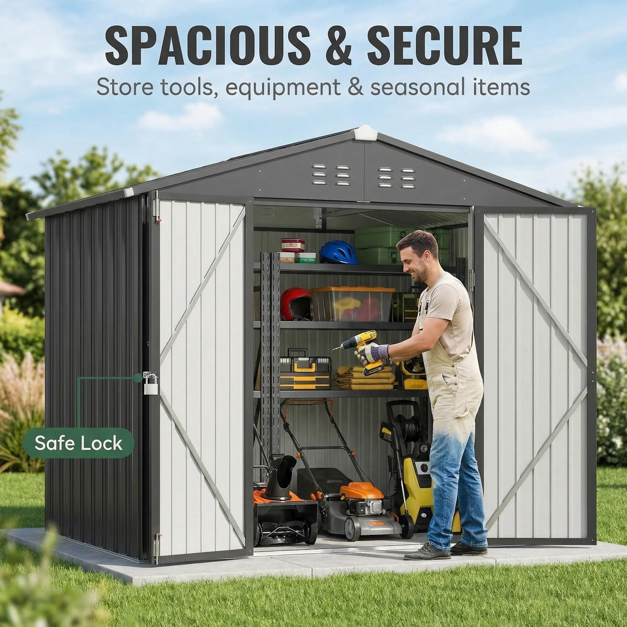 Lofka 8x6 FT Dark Gray Metal Garden Shed | Weatherproof Outdoor Storage with Lockable Doors