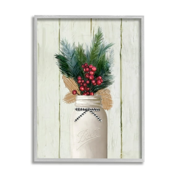 Stupell Home Décor Industries Country Holiday Jar Pine Needles Christmas Berries Gray Framed Design by Ziwei Li