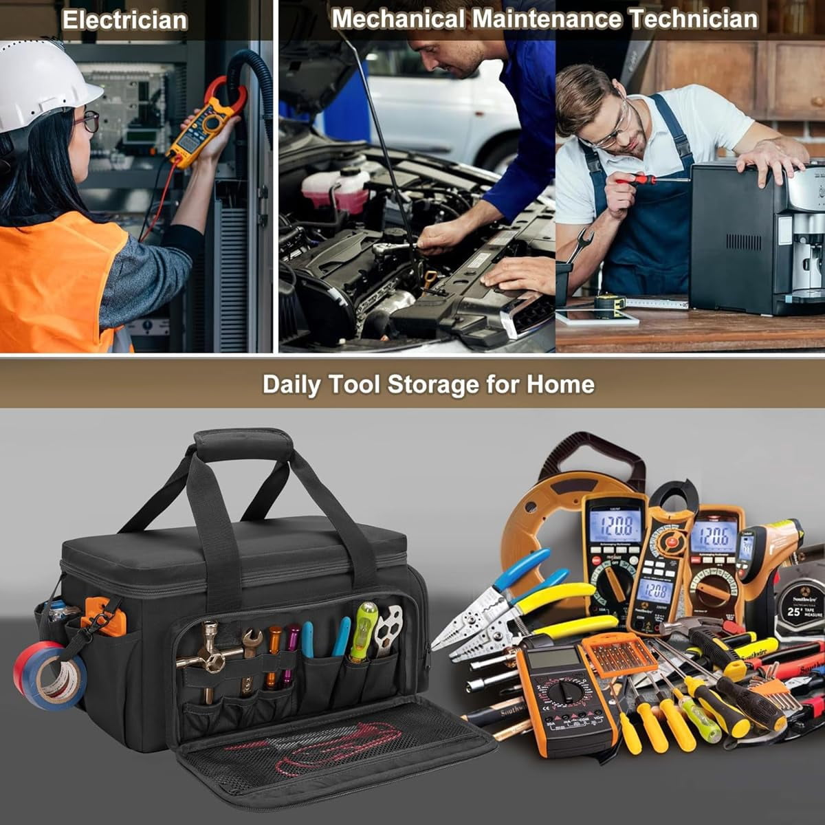 14-Inch Heavy-Duty Canvas Tool Bag, Large Wide-Mouth Utility Tote with Ergonomic Handle, Adjustable Shoulder Strap, Perfect for Electricians, Plumbers, Handymen