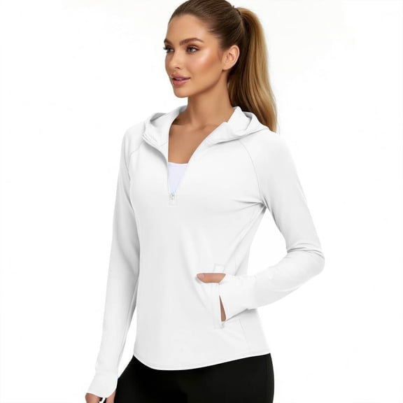 AHTJRT Women's Sun Protection Hoodie Summer UPF50 Stretch Lightweight Sweatshirt with Pockets Quarter Zip Thumb Hole Pullover for Outdoor Hiking Fishing White XL