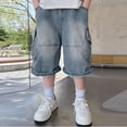 thumbnail image 5 of Maqroz Boys Cargo Denim Shorts Knee Length with Multiple Pockets Elastic Waist Casual Summer Bottoms Faded Wash Loose Fit 5-16 Years, 5 of 6