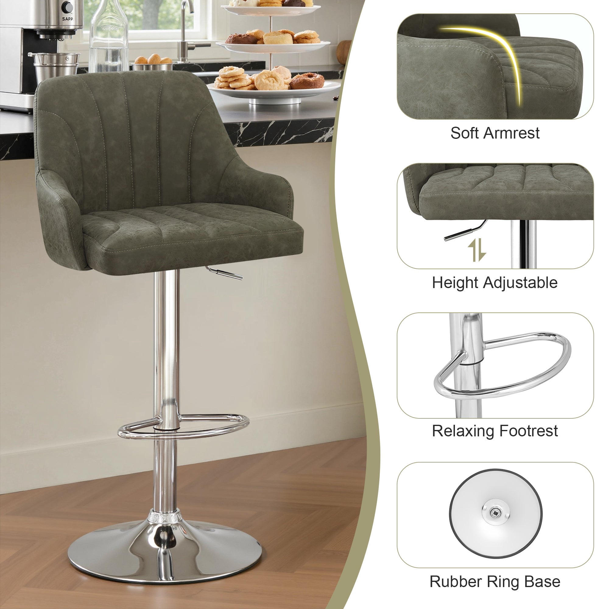 VECELO Set of 2 Swivel Bar Stools, Adjustable Counter Height Barstools Faux Leather Chair with Backrest and Armrest, Dark Gray