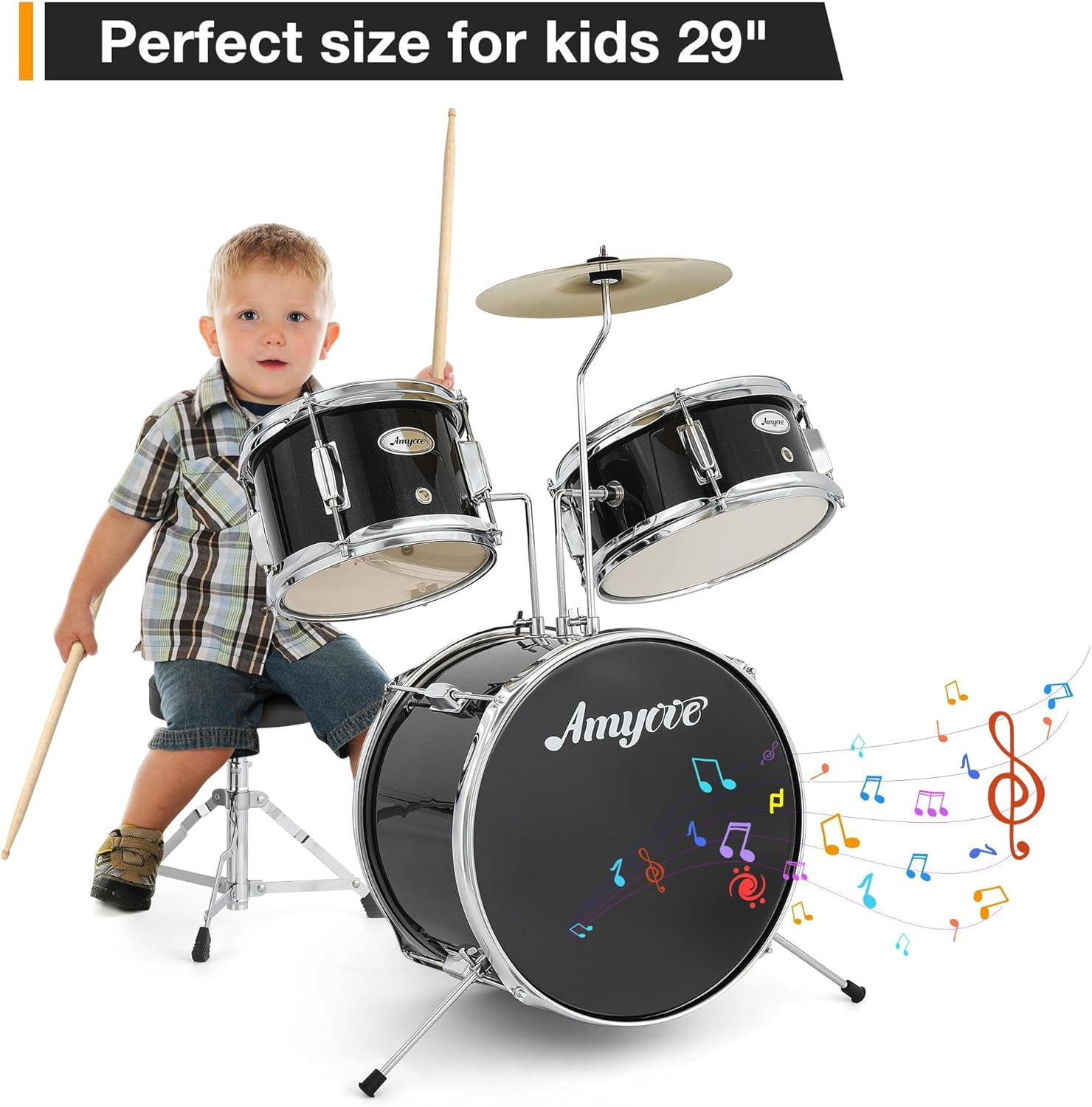 Drum Set, Drum Kit for Beginner With CymbalM, Tom, Bass Drum, Drumsticks, Bass Pedal, With Drum Stool, Metal AD 150, 3Pcs Drum Set, Percussionl Musical Holiday Gift for Boys and Girls,Black
