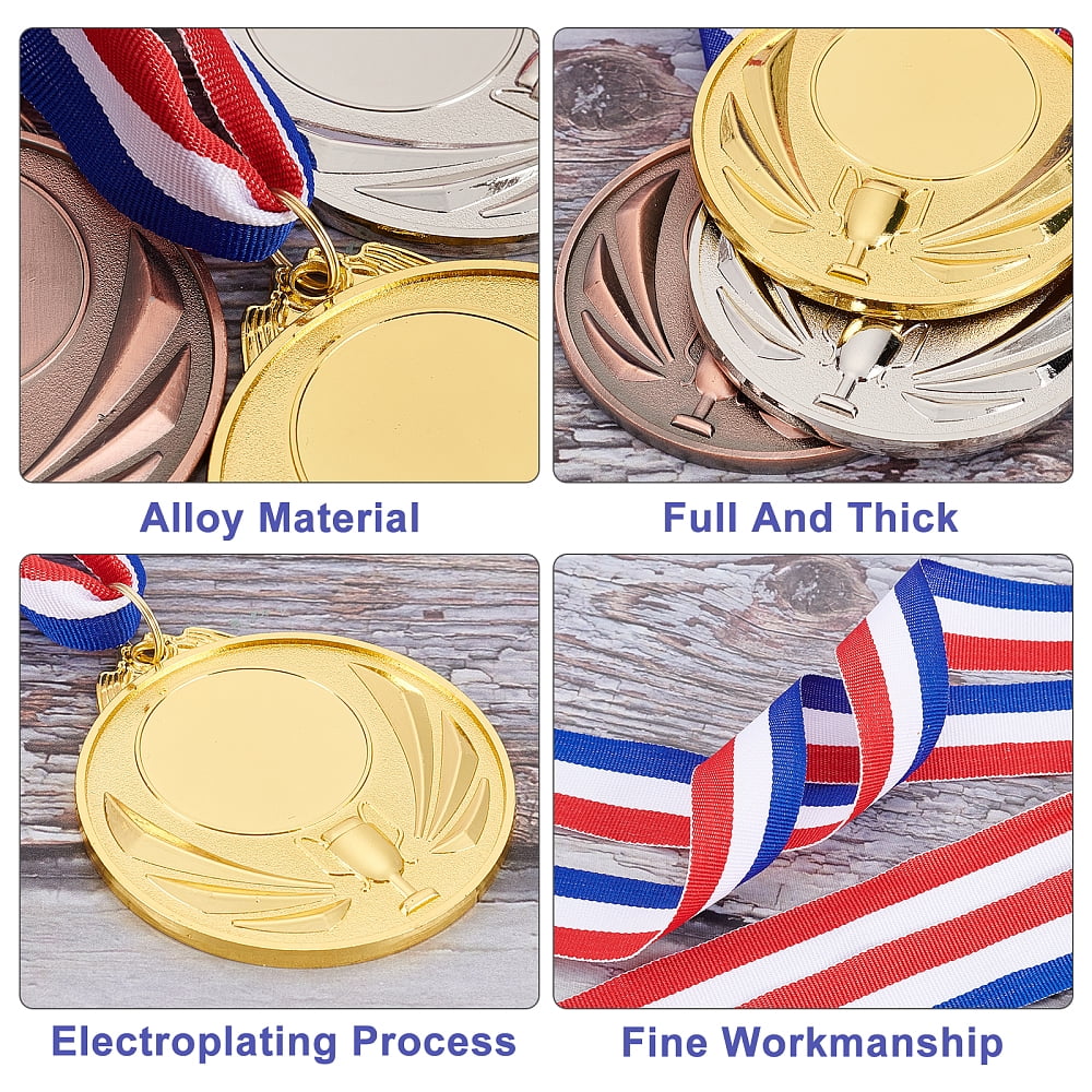 12Pcs 3 Colors Zinc Alloy Blank Award Medals with Polyester Cord Flat Round with Trophy Pattern Mixed Color 19.76 inch(50.2cm) 4pcs/color DIY