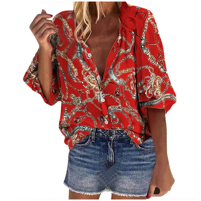 Pompotops Chemisier Mode Femme Col en V Imprimé Floral Manches Longues Ample
