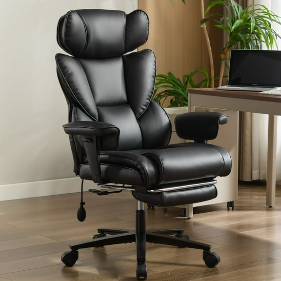 High-Back Leather Office and Gaming Chair with Foot Rest and Waist Lumber Support, Black