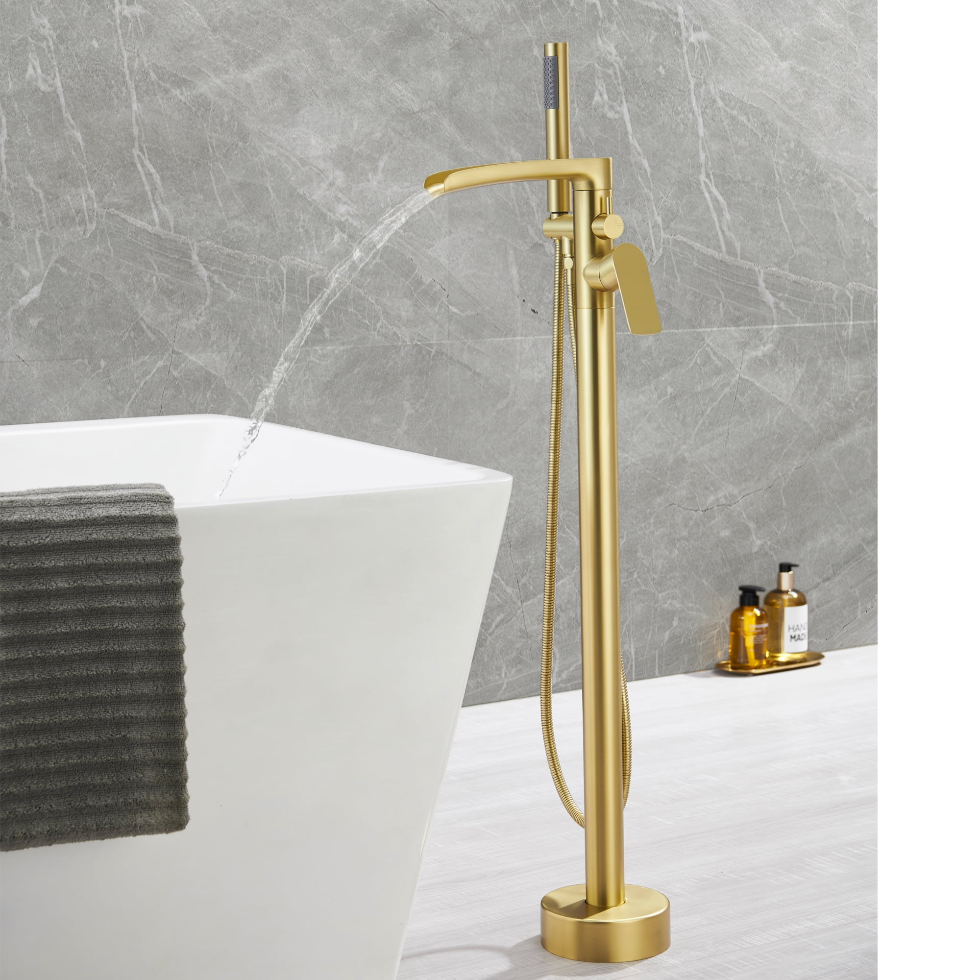 Freestanding Waterfall Bathtub Filler, Floor Mount Clawfoot Tub Faucets with Handheld Shower