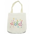 thumbnail image 1 of Aloha Tote Bag, Colorful Fun Wording Illustration with Swirls Hearts and Floral Motifs Hawaiian, Cloth Linen Reusable Bag for Shopping Books Beach and More, 16.5" X 14", Cream, by Ambesonne, 1 of 2