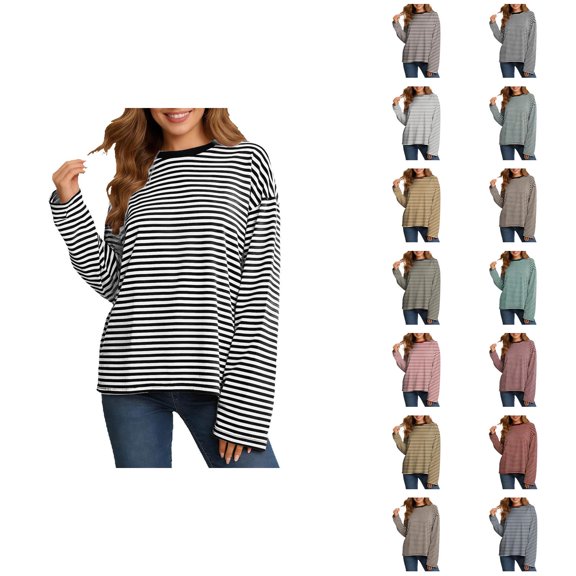 Long Sleeve Striped T Shirt For Casual Color Loose Fit Crewneck Top