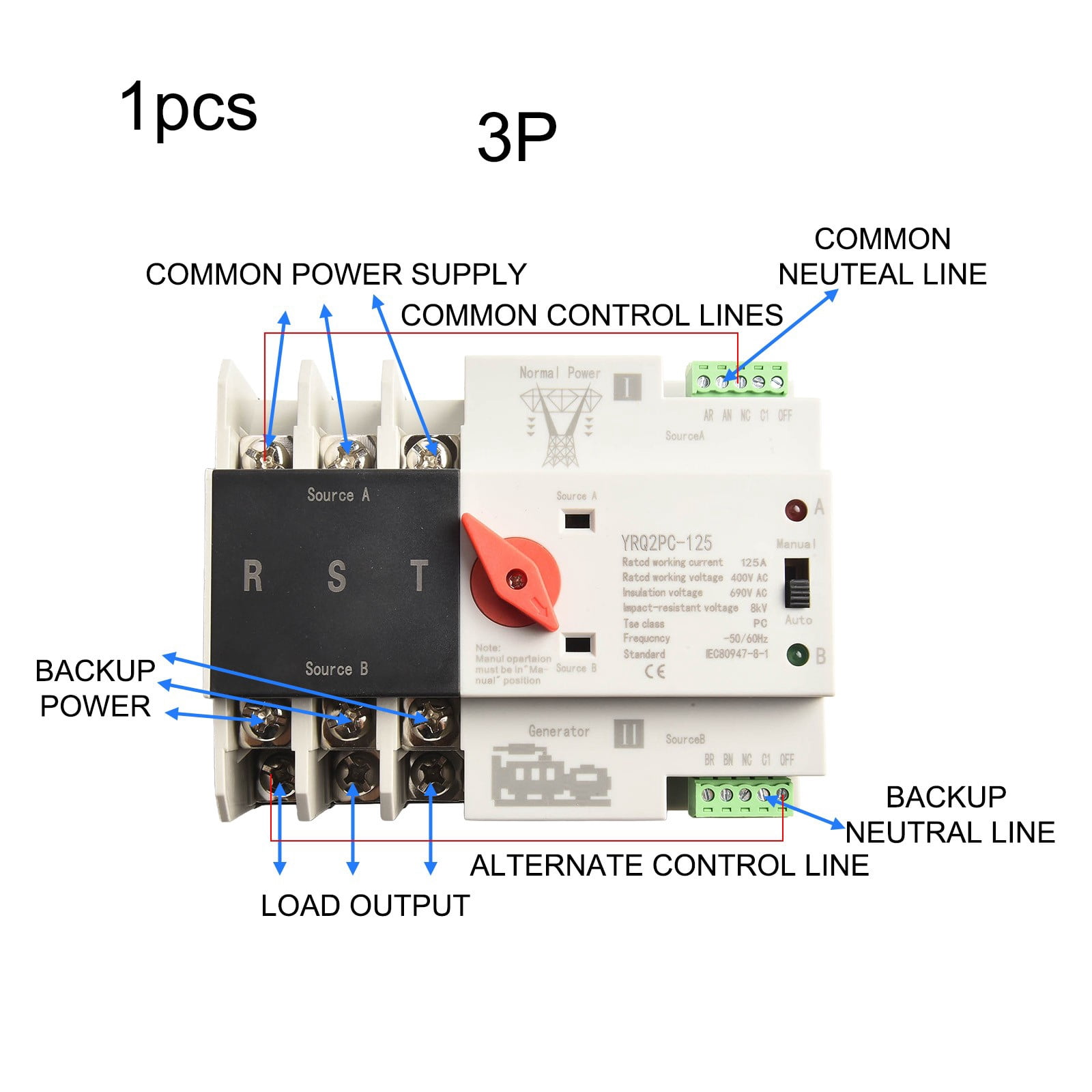 2P 125A Dual Power Automatic Transfer Switch Fit Generator Changeover Switch 3P 125A 400V