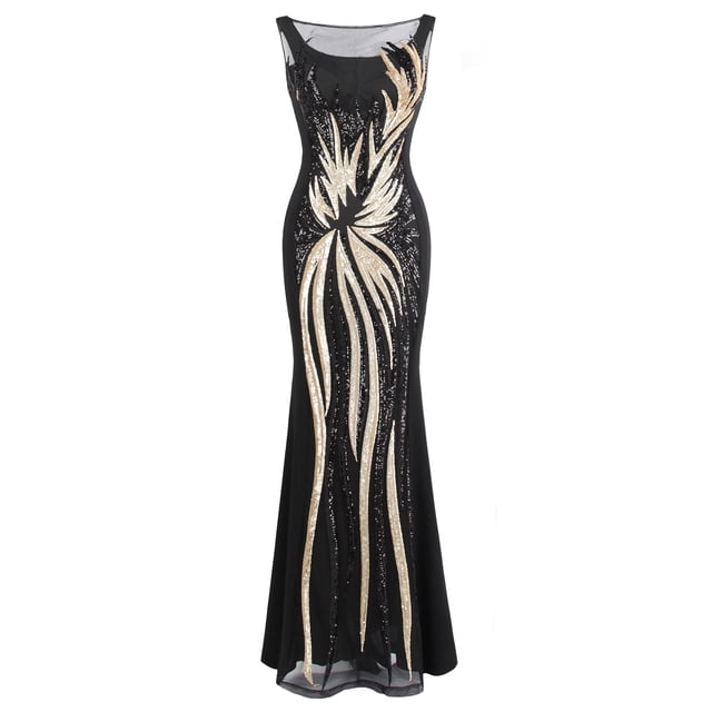 Angel Fashions Robe de Soirée Noire Transparente à Paillettes Dorées avec Empiècements pour Femme