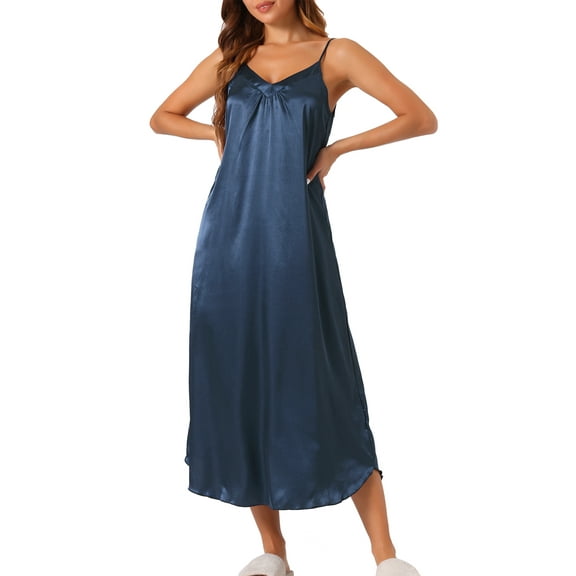 INSPIRE CHIC Women's Satin Nightgown V Neck Sleeveless Sleepwear Silky Nightdress Soft Loose Long Nightwear M Navy Blue