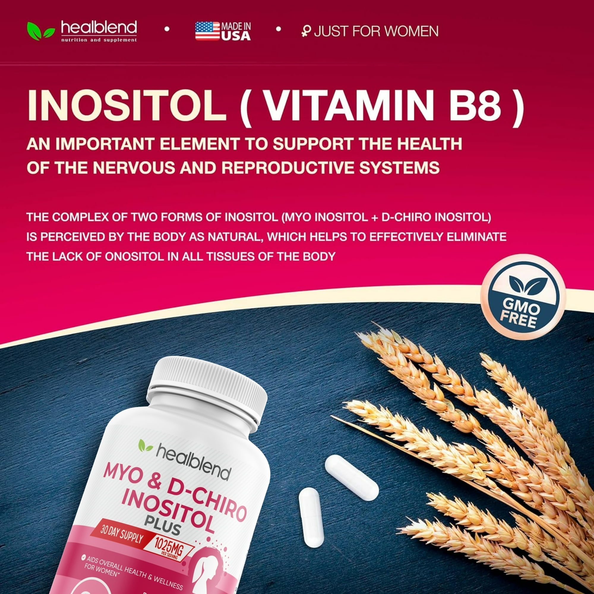 Healblend Myo Inositol & D-Chiro Inositol Plus Supplement - Support Hormonal Balance, Fertility & Healthy Ovarian Function for Women - 60 Capsules (3 Pack)