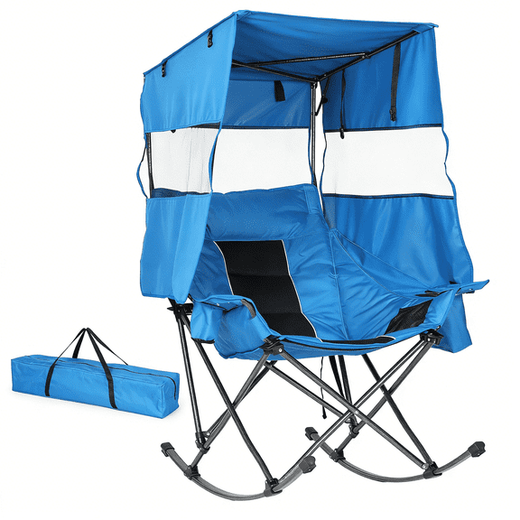 XL Oversized Rocking Camping Chair with Canopy for Adults, Folding Outdoor Patio Rocker with Cup Holder, Cooler Bag & Carry Bag for Backyard, Sports Events (1 Pack, Blue)
