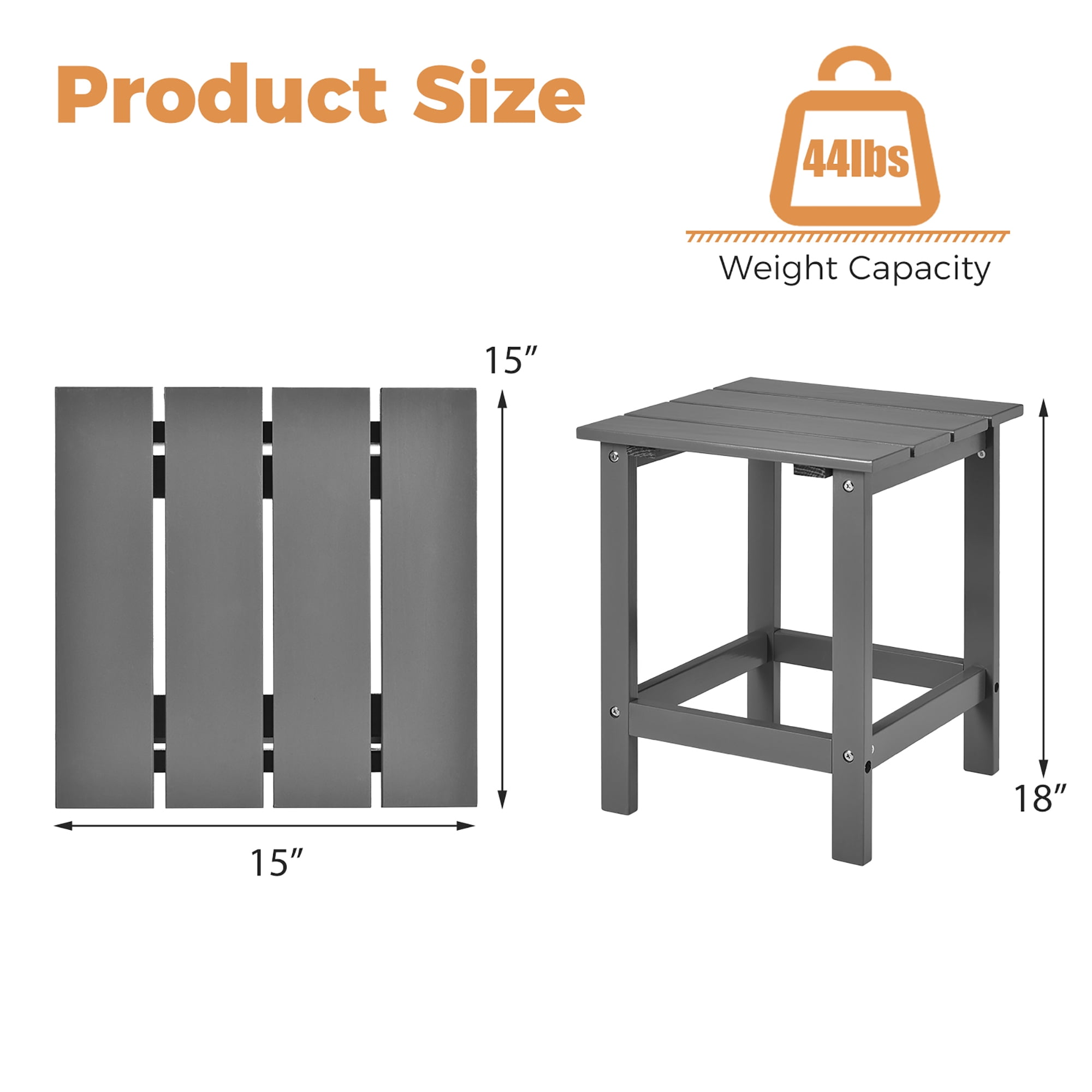 Costway Patio 15" End Side Coffee Table Square Wooden Slat Garden Deck Gray