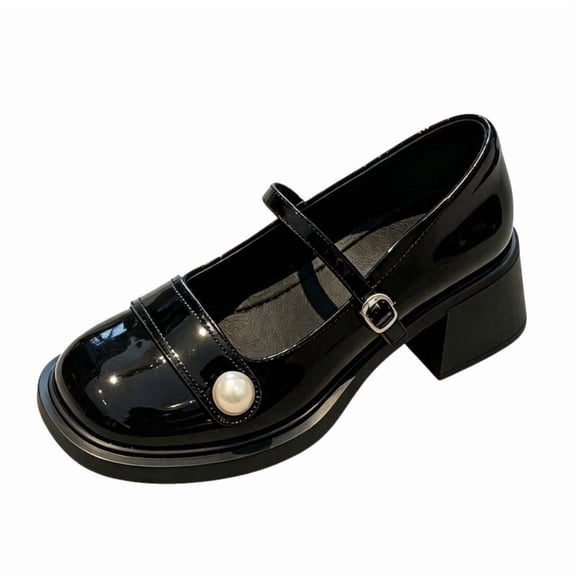 CHICVOMEY Women's Patent Leather Mary Jane Heels Block Heel Platform Pumps with Pearl Buckle Strap Closed Round Toe Chunky Heel Shoes for Work Wedding Casual